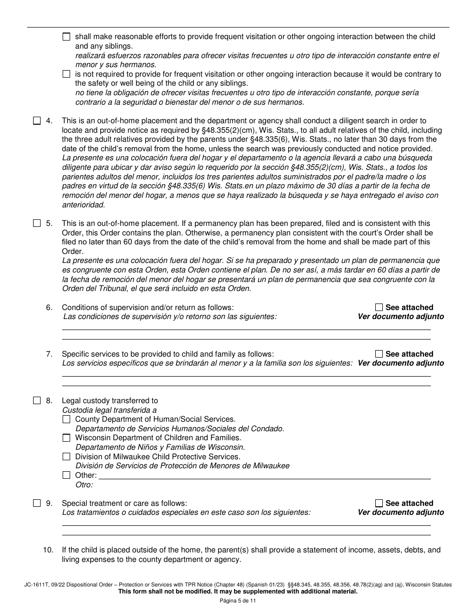 Form JC-1611T Dispositional Order - Protection or Services With Termination of Parental Rights Notice (Chapter 48) - Wisconsin (English / Spanish), Page 5