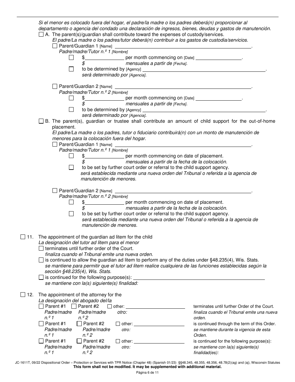 Form JC-1611T Dispositional Order - Protection or Services With Termination of Parental Rights Notice (Chapter 48) - Wisconsin (English / Spanish), Page 6