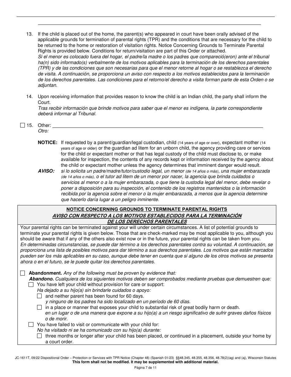 Form JC-1611T Dispositional Order - Protection or Services With Termination of Parental Rights Notice (Chapter 48) - Wisconsin (English / Spanish), Page 7
