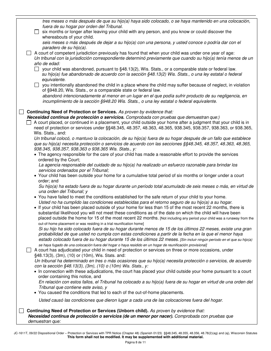 Form JC-1611T Dispositional Order - Protection or Services With Termination of Parental Rights Notice (Chapter 48) - Wisconsin (English / Spanish), Page 8