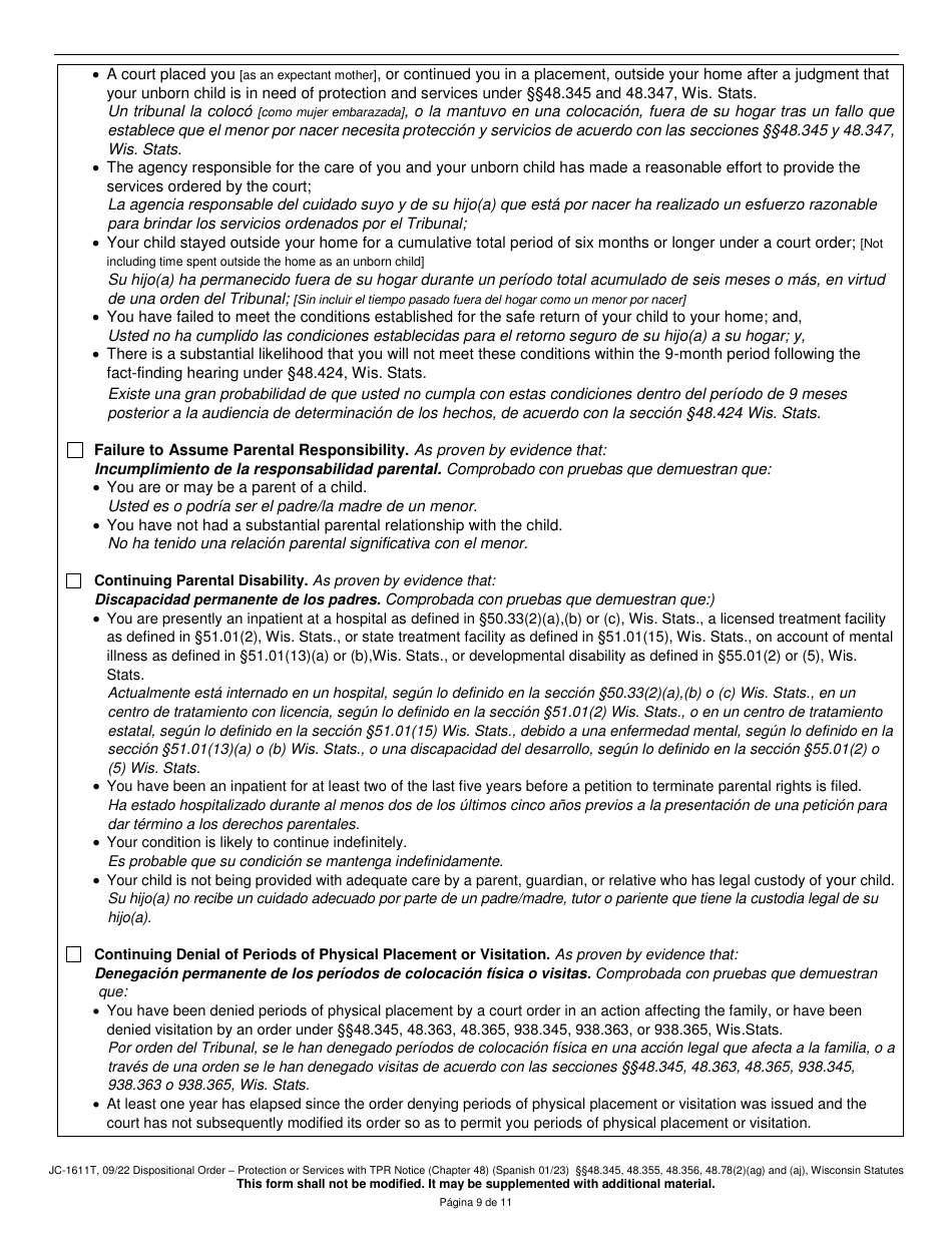 Form JC-1611T Dispositional Order - Protection or Services With Termination of Parental Rights Notice (Chapter 48) - Wisconsin (English / Spanish), Page 9