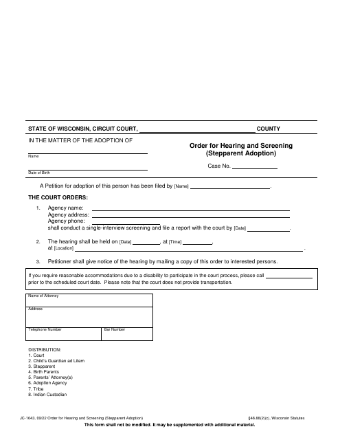 Form JC-1643 Order for Hearing and Screening (Stepparent Adoption) - Wisconsin