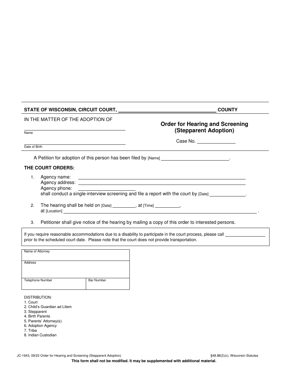 Form JC-1643 Order for Hearing and Screening (Stepparent Adoption) - Wisconsin, Page 1