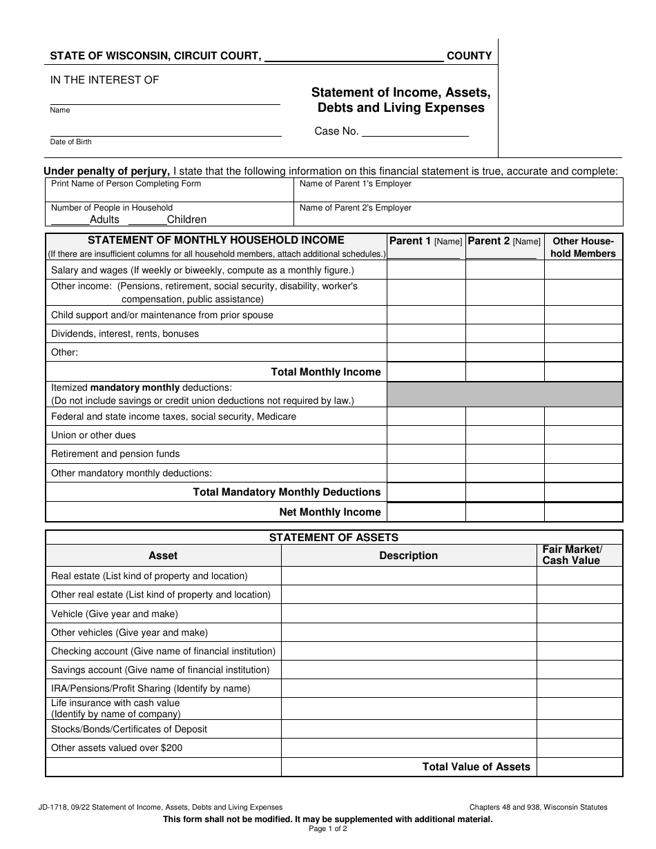 Form JD-1718 Statement of Income, Assets, Debts and Living Expenses - Wisconsin, Page 1