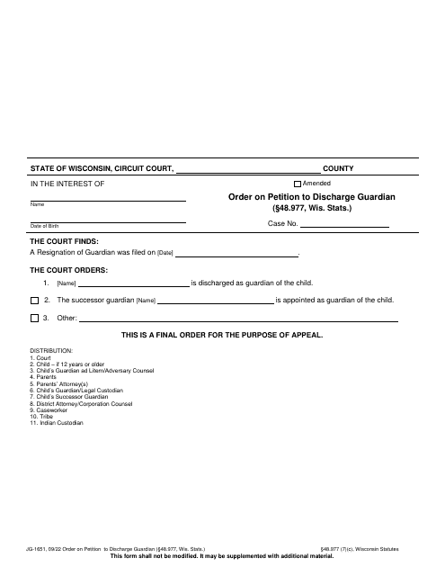 Form JG-1651 Order on Petition to Discharge Guardian - Wisconsin