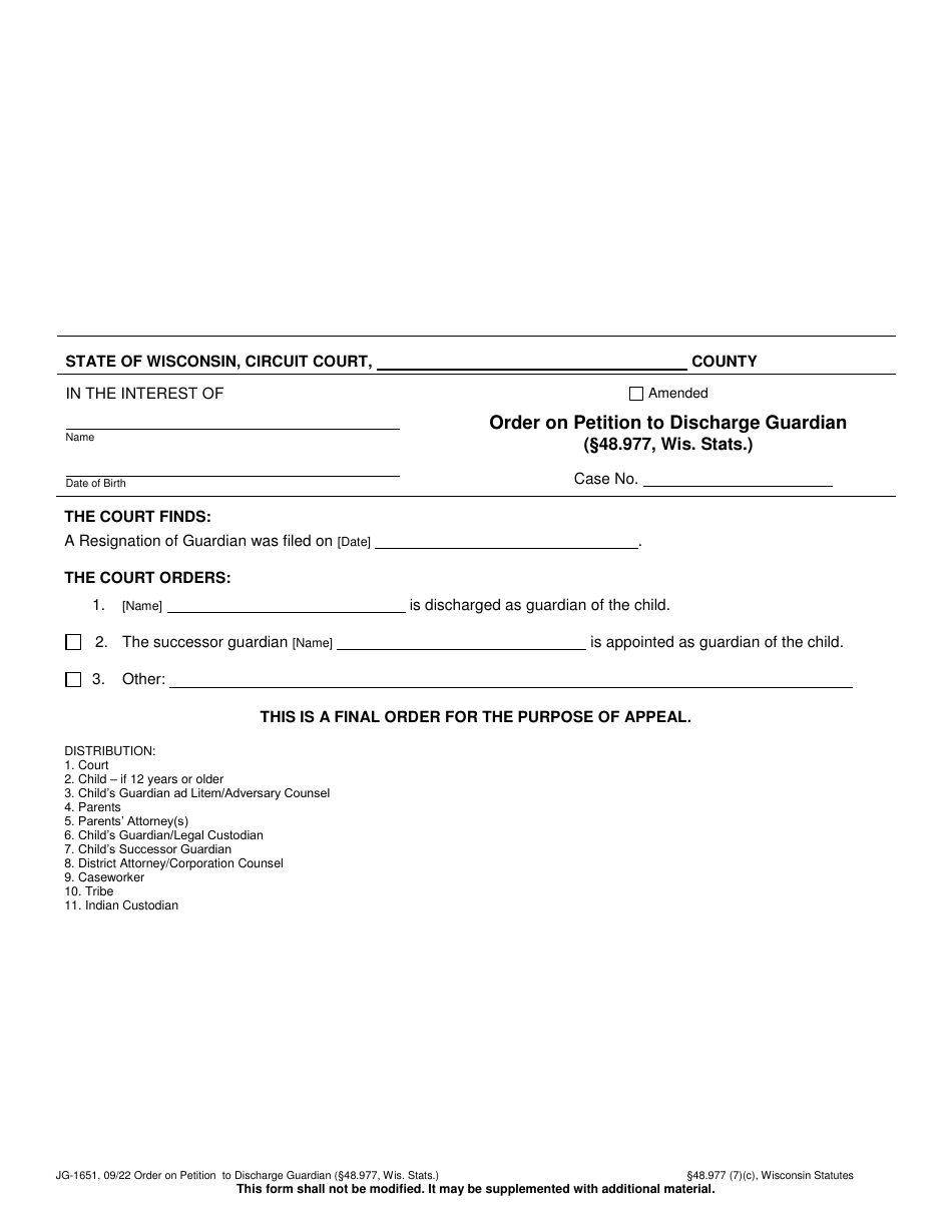 Form JG-1651 Order on Petition to Discharge Guardian - Wisconsin, Page 1