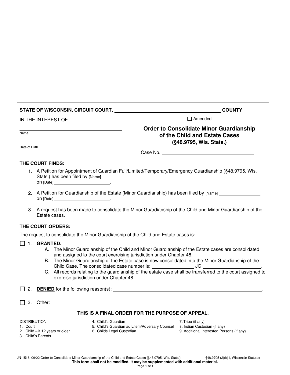 Form JN-1516 Order to Consolidate Minor Guardianship of the Child and Estate Cases - Wisconsin, Page 1