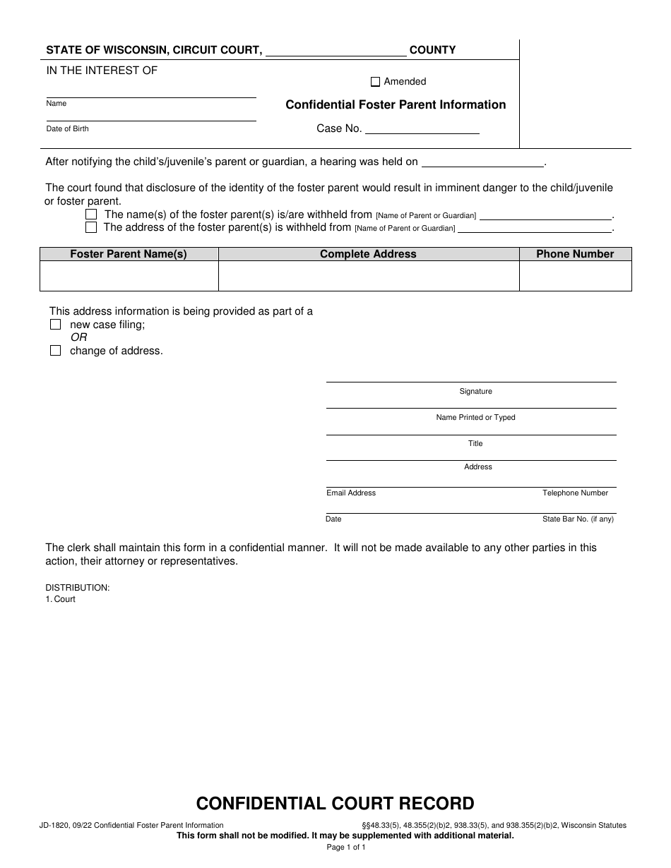 Form JD-1820 Confidential Foster Parent Information - Wisconsin, Page 1