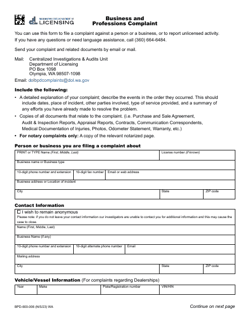 Form BPD-600-006  Printable Pdf