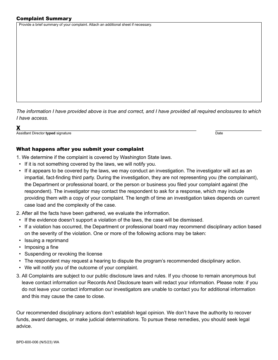 Form BPD-600-006 Business and Professions Complaint - Washington, Page 2