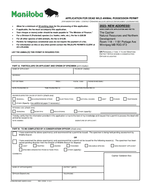 Application for Dead Wild Animal Possession Permit - Manitoba, Canada
