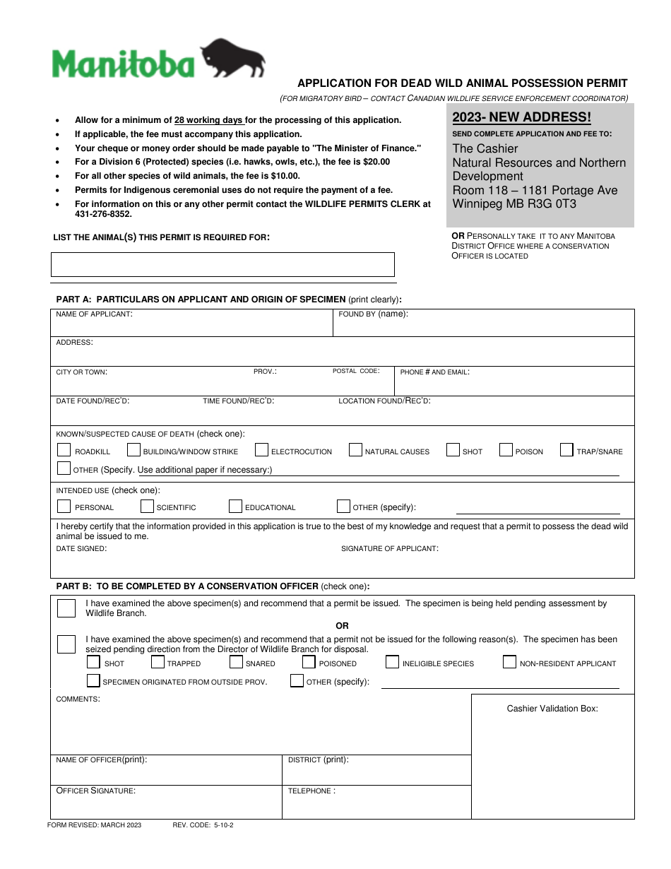 Application for Dead Wild Animal Possession Permit - Manitoba, Canada, Page 1