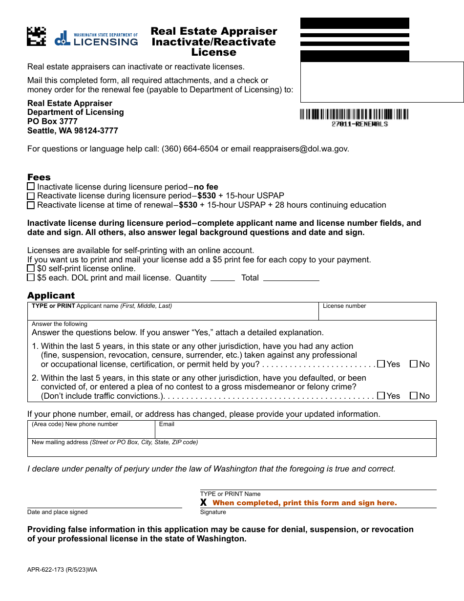 Form APR-622-173 Real Estate Appraiser Inactivate / Reactivate License - Washington, Page 1