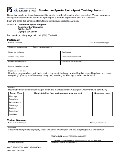 Form PA-611-001 Combative Sports Participant Training Record - Washington