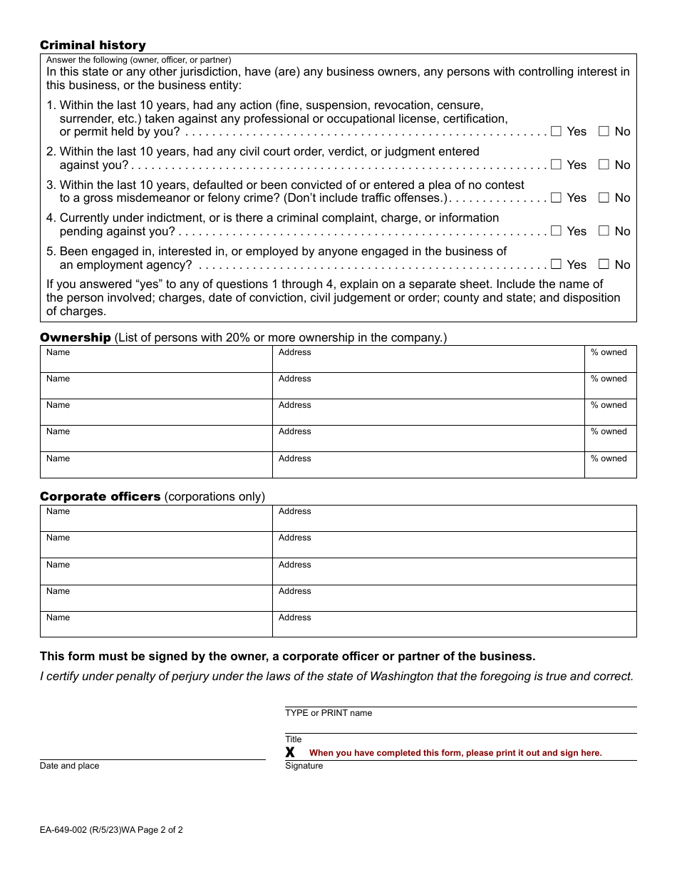Form EA-649-002 Employment Agency, Branch Office, or Listing / Directory Service License Application / Renewal - Washington, Page 2