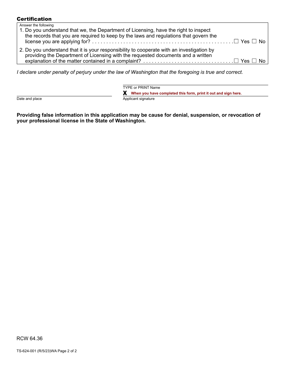 Form TS-624-001 Timeshare Salesperson Registration Application - Washington, Page 2