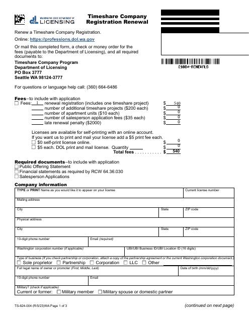 Form TS-624-004 Timeshare Company Registration Renewal - Washington