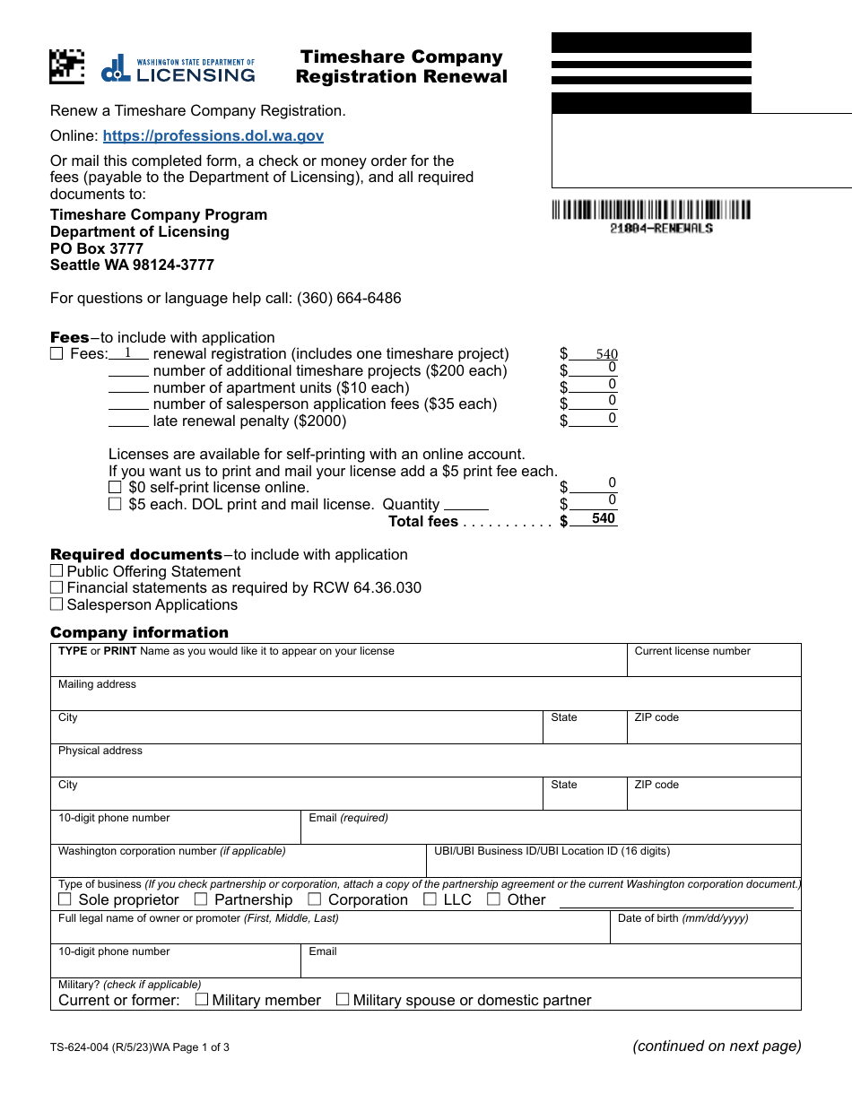 Form TS-624-004 Timeshare Company Registration Renewal - Washington, Page 1