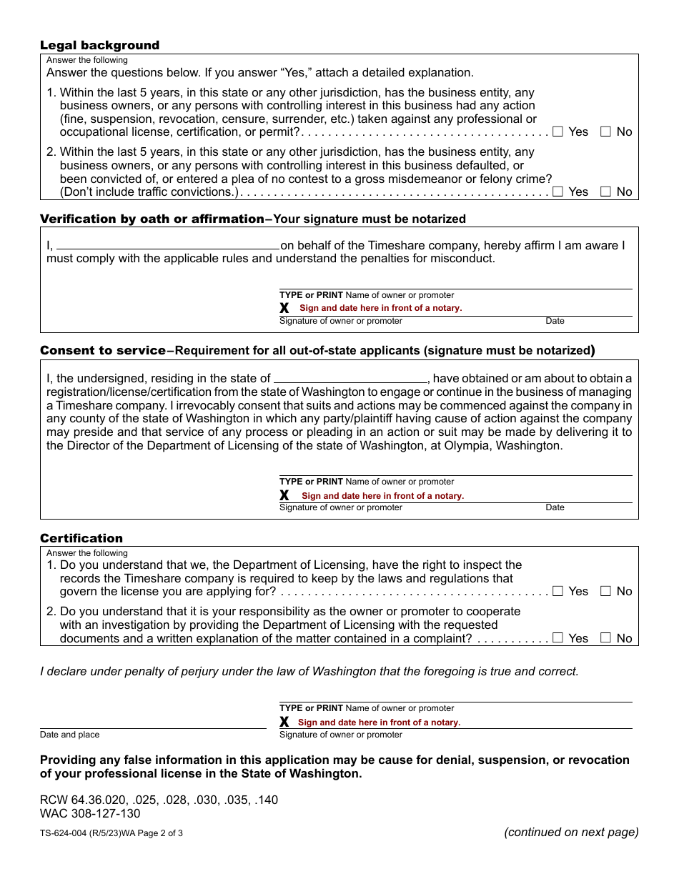 Form TS-624-004 Timeshare Company Registration Renewal - Washington, Page 2