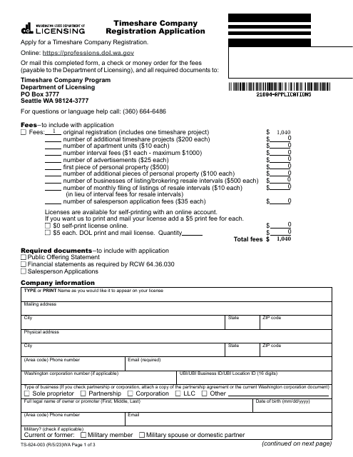 Form TS-624-003 Timeshare Company Registration Application - Washington