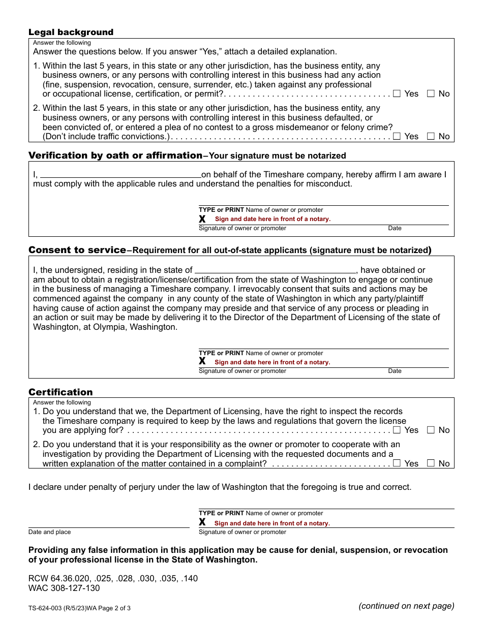 Form TS-624-003 Timeshare Company Registration Application - Washington, Page 2