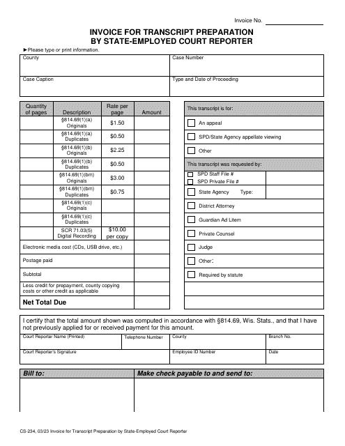 Form CS-234 Invoice for Transcript Preparation by State-Employed Court Reporter - Wisconsin