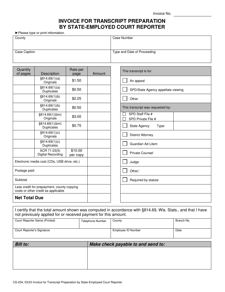 Form CS-234 Download Printable PDF or Fill Online Invoice for ...