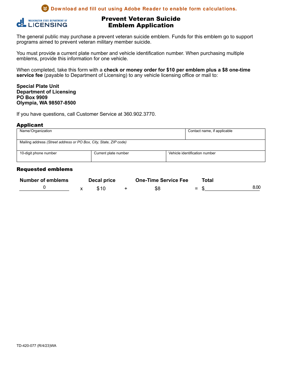 Form TD-420-077 Prevent Veteran Suicide Emblem Application - Washington, Page 1