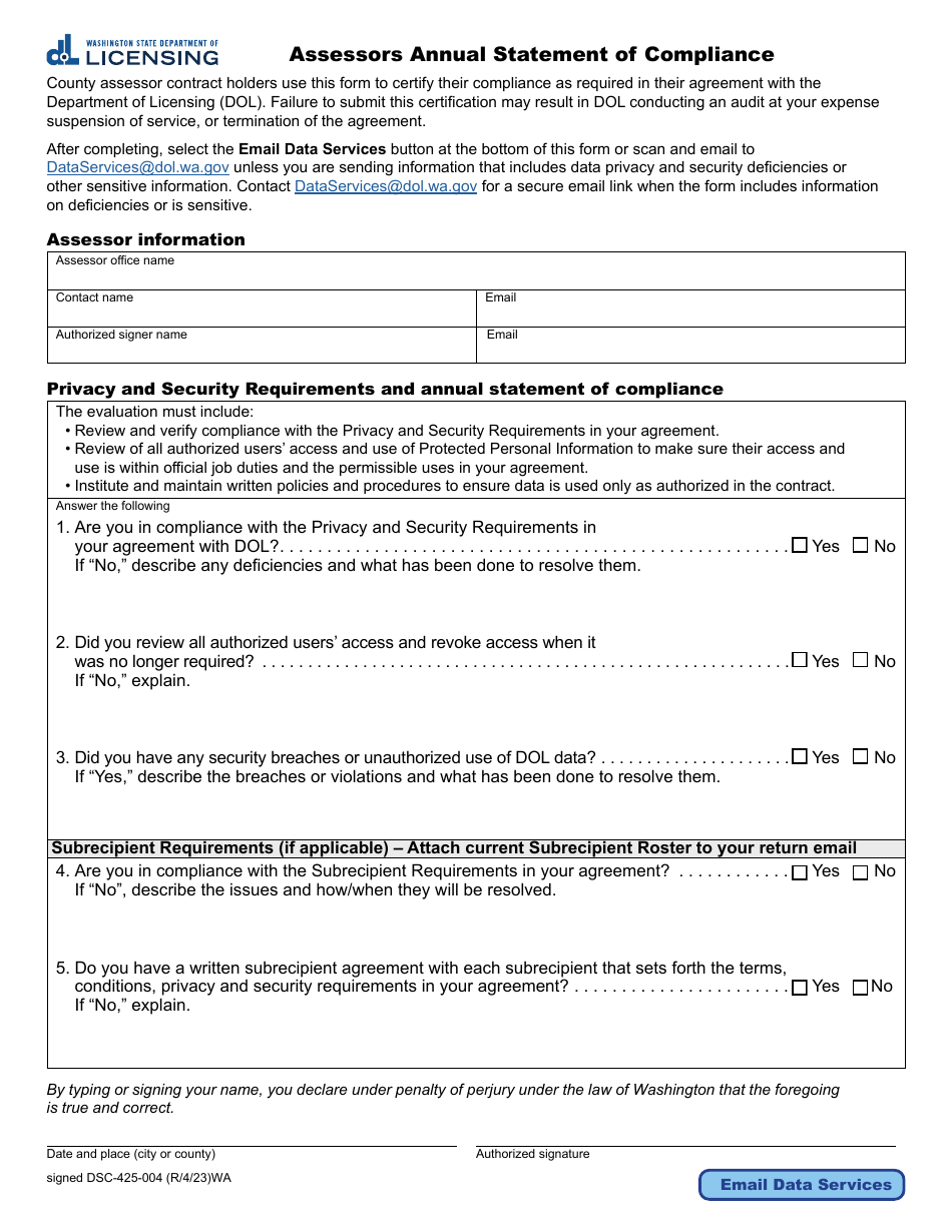 Form DSC-425-004 Assessors Annual Statement of Compliance - Washington, Page 1