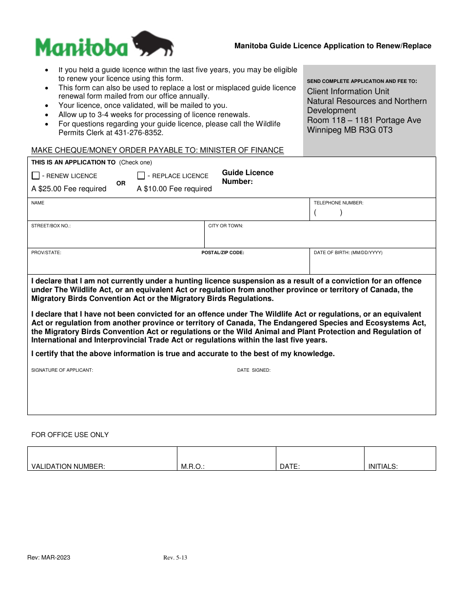 Manitoba Canada Manitoba Guide Licence Application to Renew/Replace
