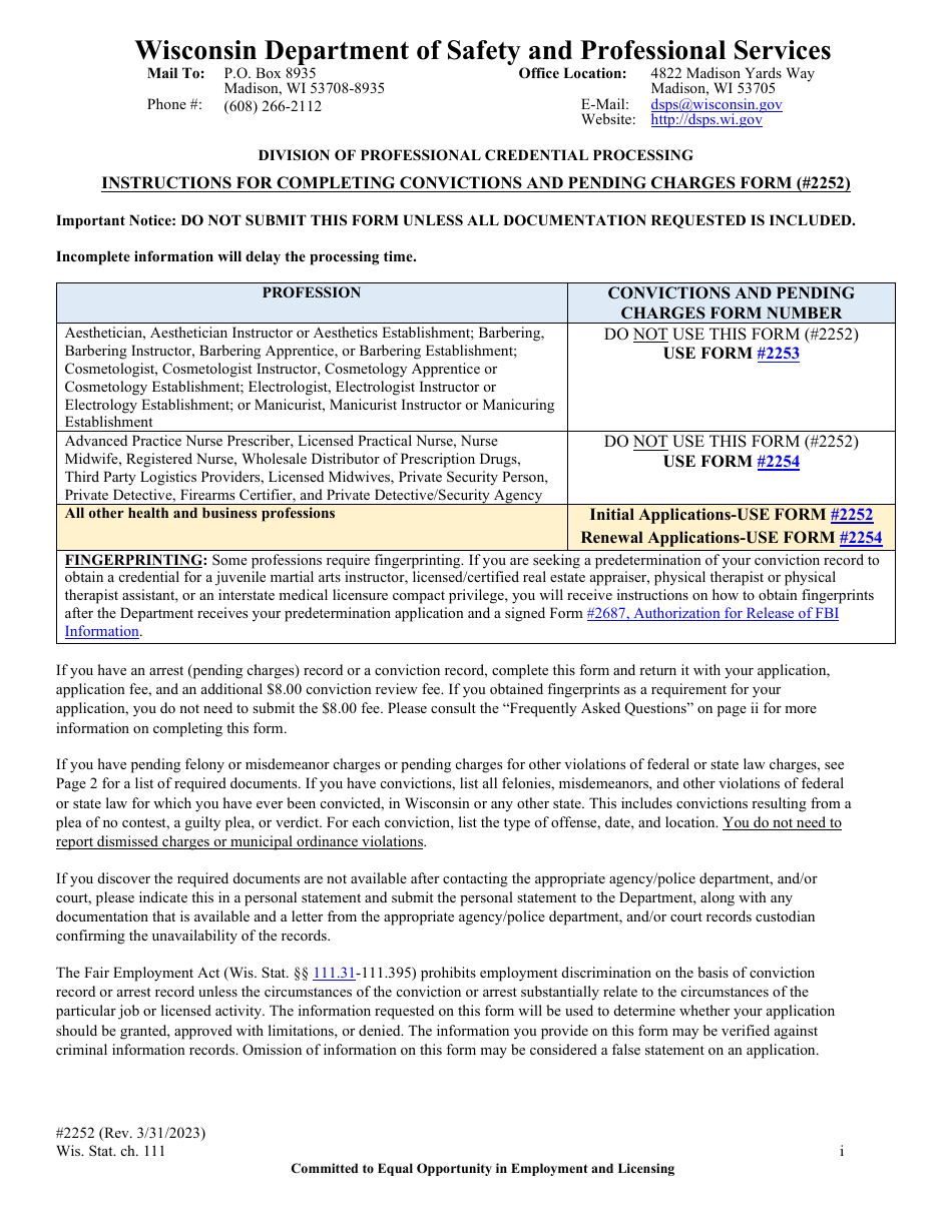 Form 2252 - Fill Out, Sign Online and Download Fillable PDF, Wisconsin ...