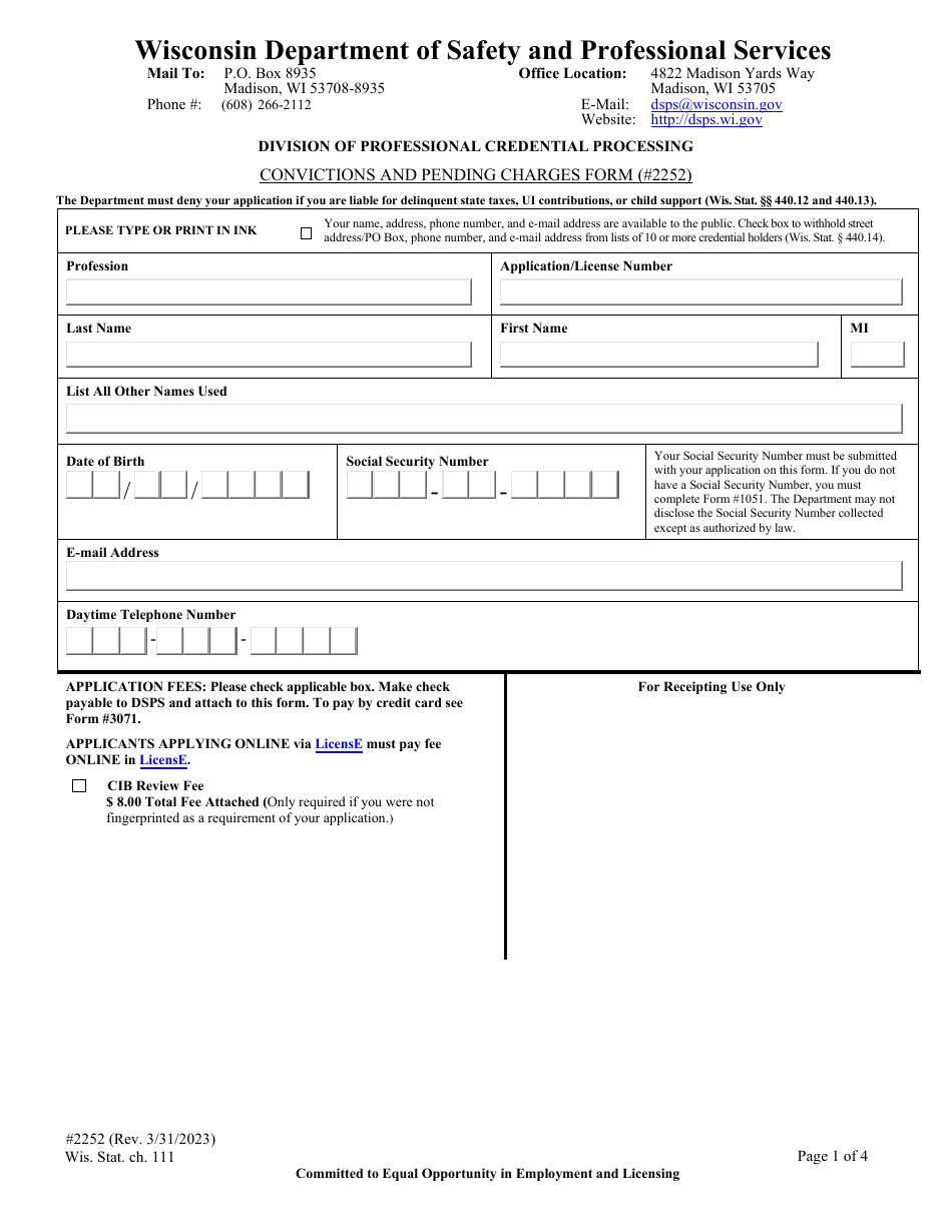 Form 2252 Convictions and Pending Charges Form - Wisconsin, Page 3