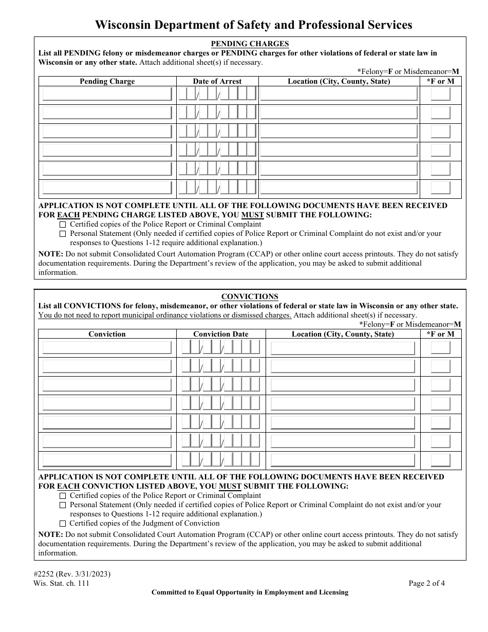 Form 2252 Convictions and Pending Charges Form - Wisconsin, Page 4
