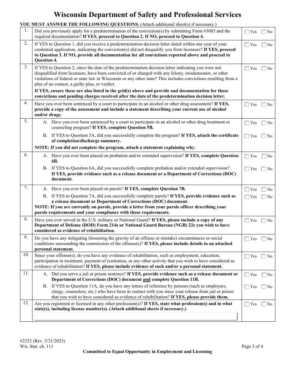Form 2252 Convictions and Pending Charges Form - Wisconsin, Page 5