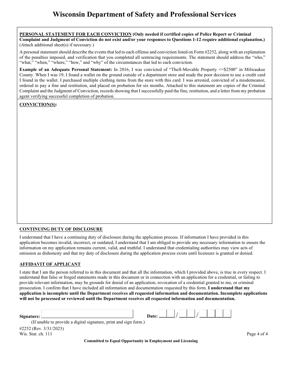 Form 2252 Convictions and Pending Charges Form - Wisconsin, Page 6