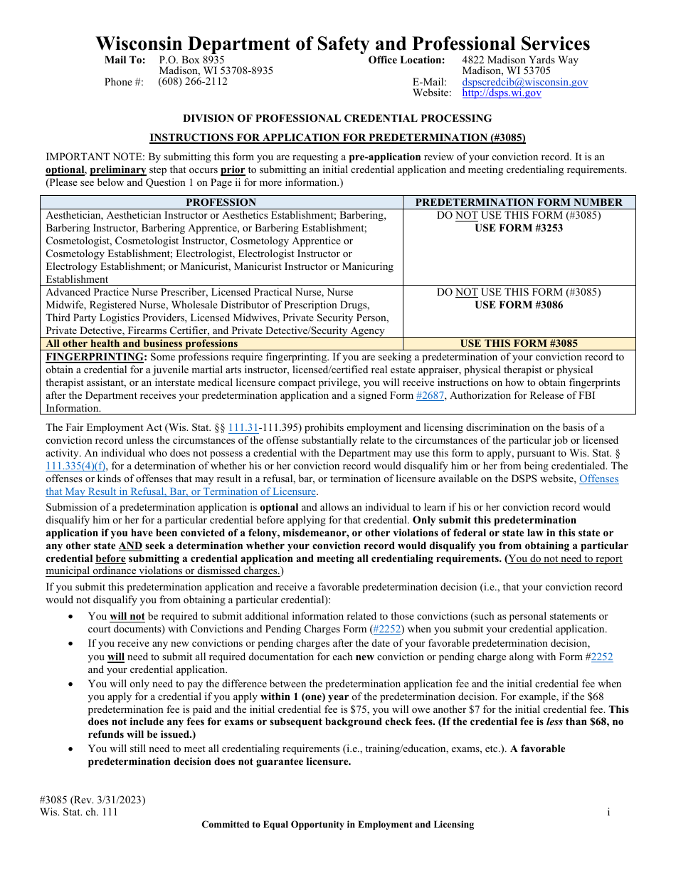 Form 3085 Application for Predetermination - Wisconsin, Page 1