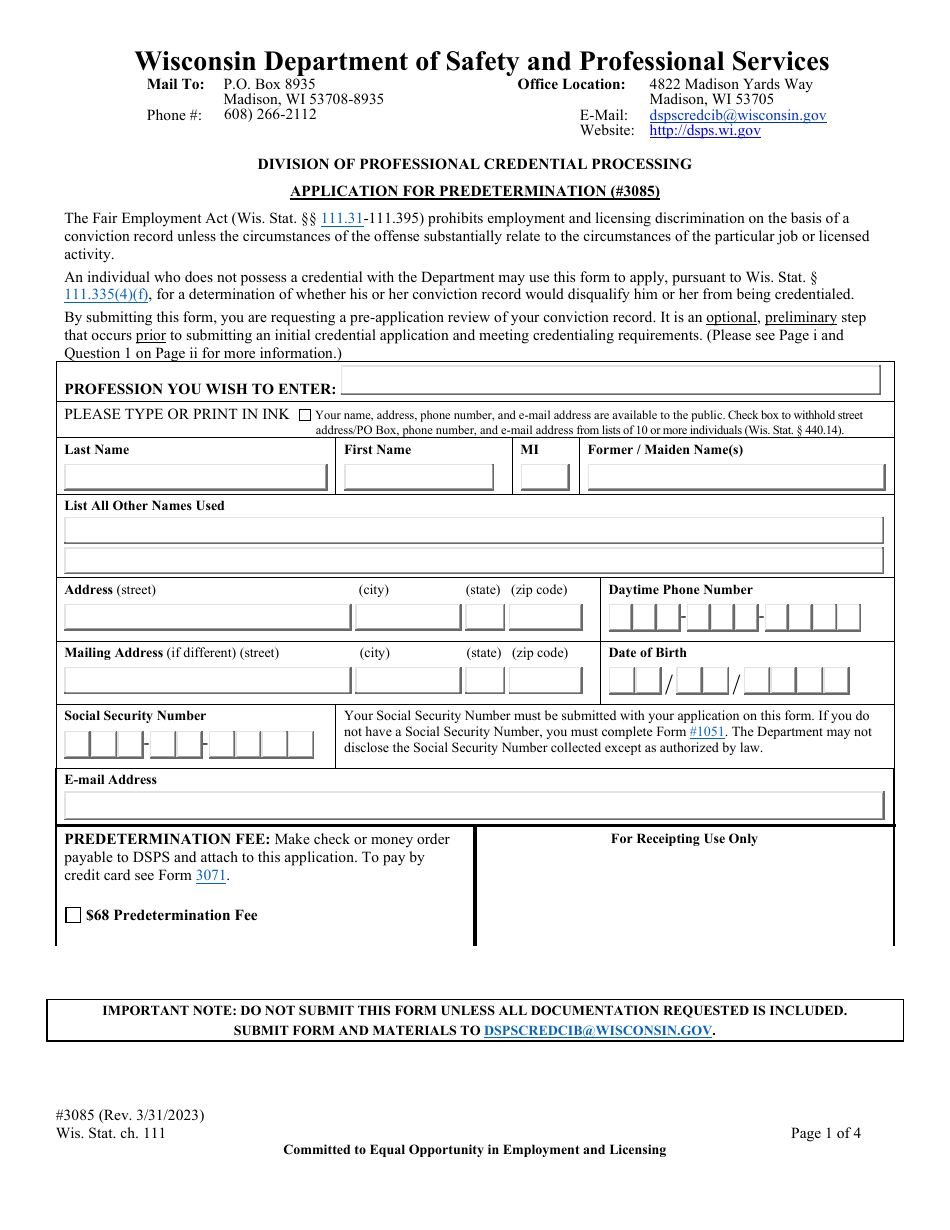 Form 3085 Application for Predetermination - Wisconsin, Page 3