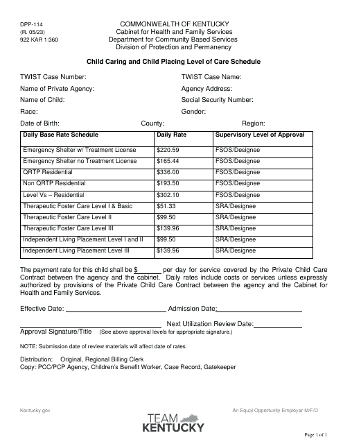 Form DPP-14 Child Caring and Child Placing Level of Care Schedule - Kentucky