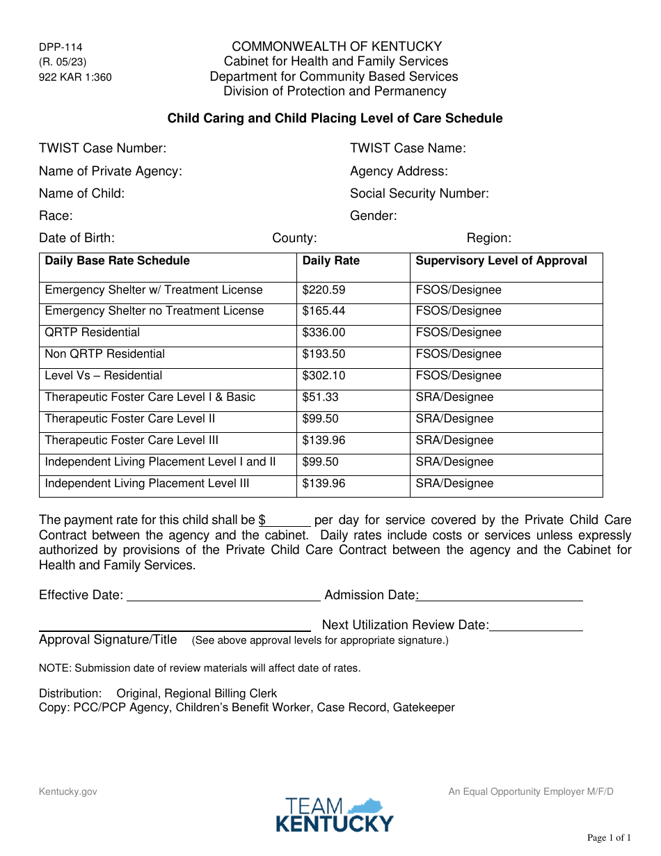 Form DPP-14 Child Caring and Child Placing Level of Care Schedule - Kentucky, Page 1