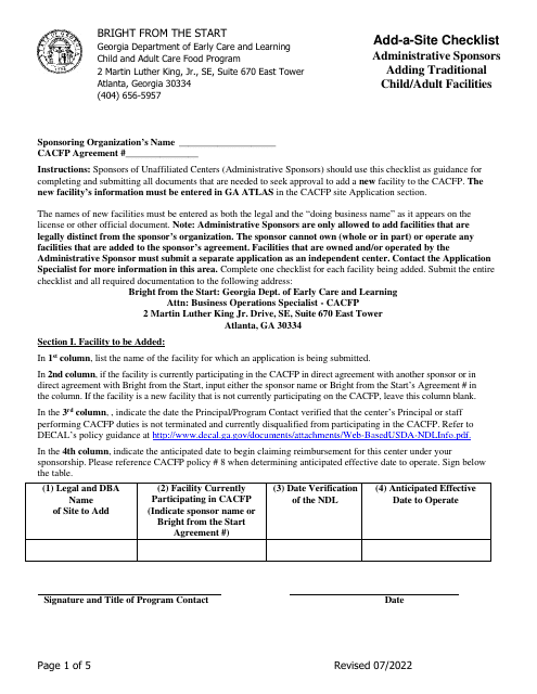 Add-A-site Checklist - Administrative Sponsors Adding Traditional Child / Adult Facilities - Georgia (United States) Download Pdf