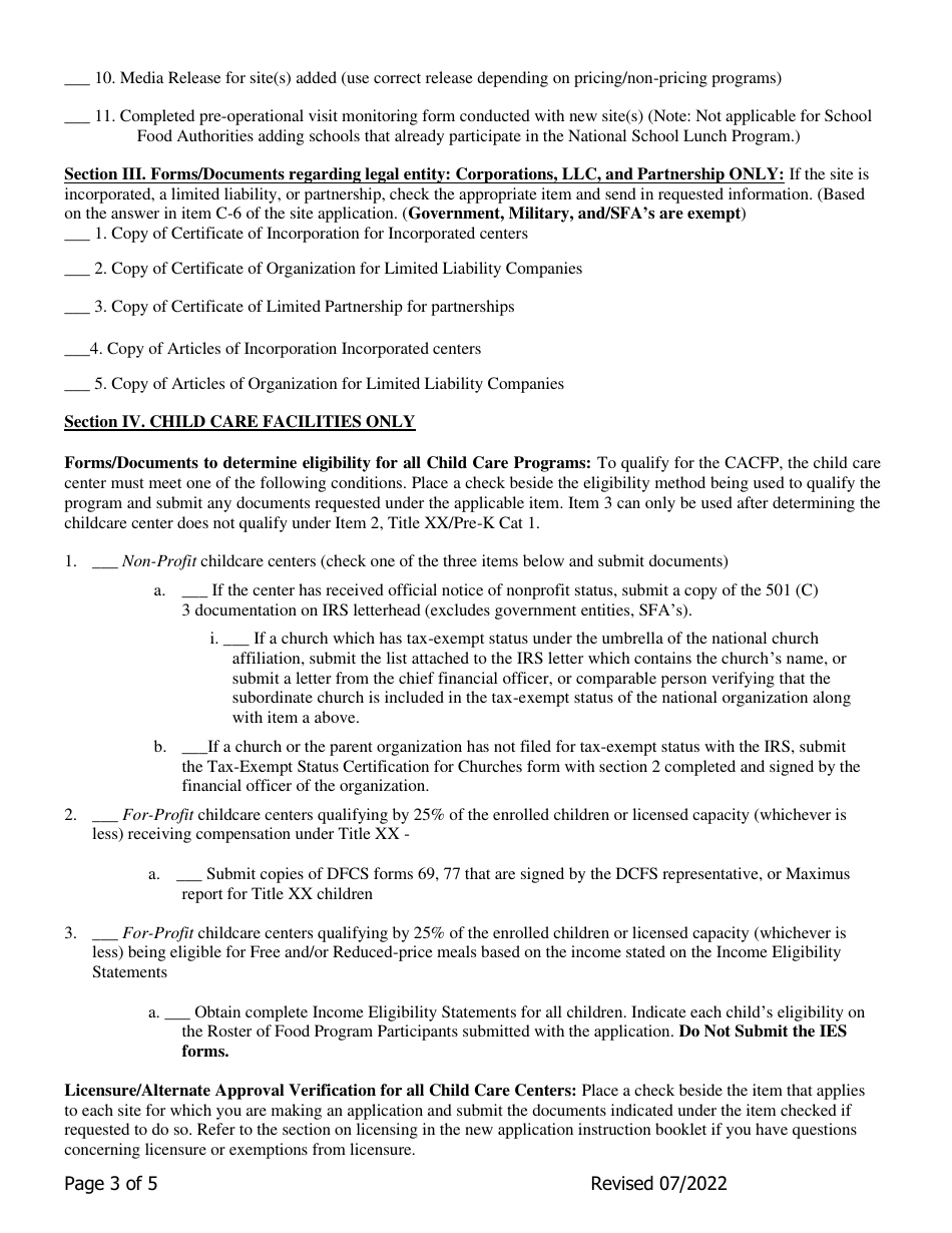 Add-A-site Checklist - Administrative Sponsors Adding Traditional Child / Adult Facilities - Georgia (United States), Page 3