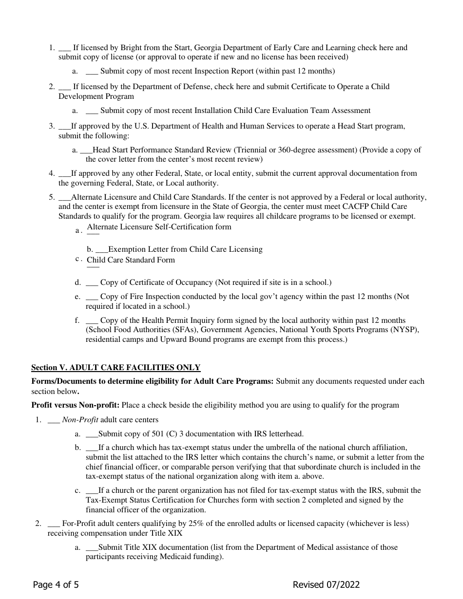 Add-A-site Checklist - Administrative Sponsors Adding Traditional Child / Adult Facilities - Georgia (United States), Page 4
