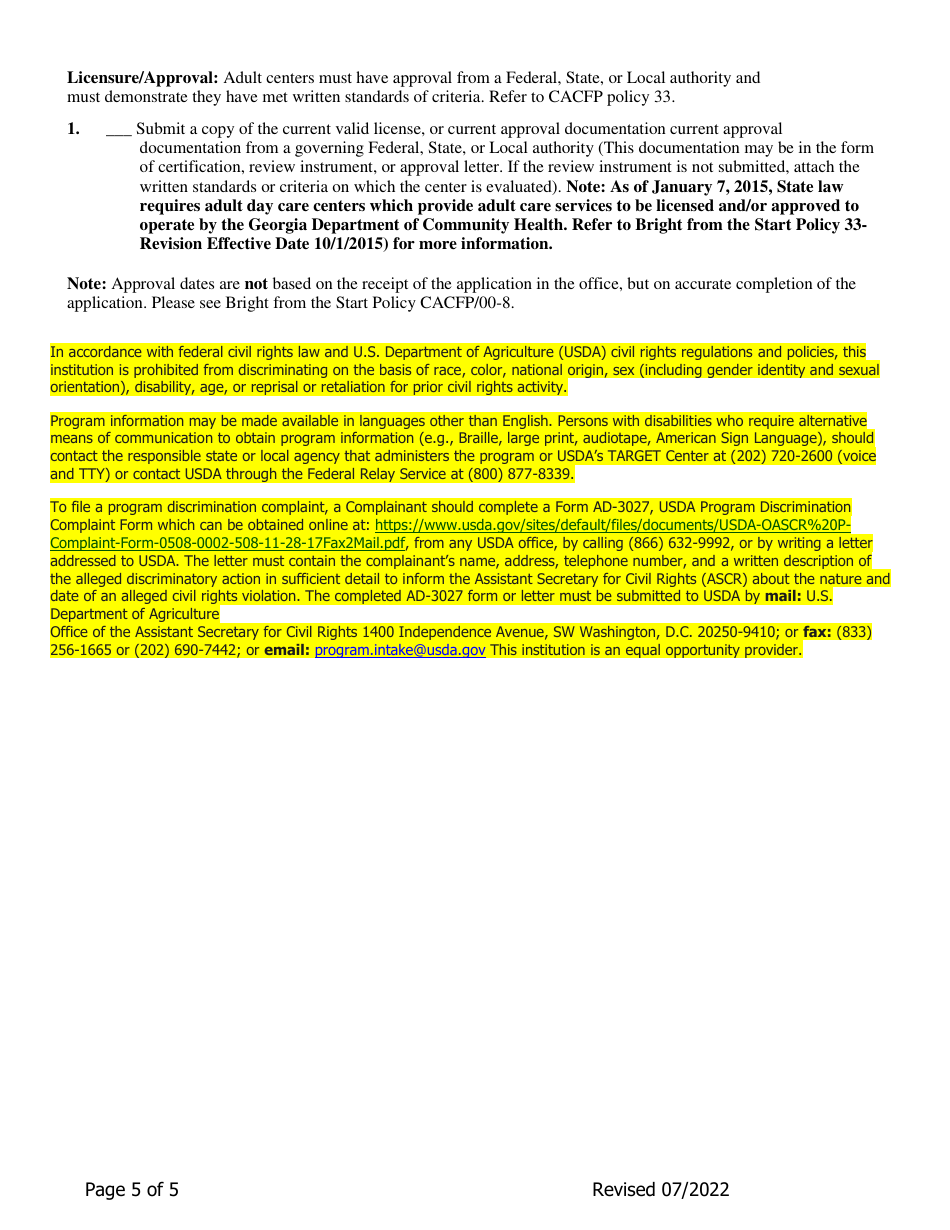 Add-A-site Checklist - Administrative Sponsors Adding Traditional Child / Adult Facilities - Georgia (United States), Page 5