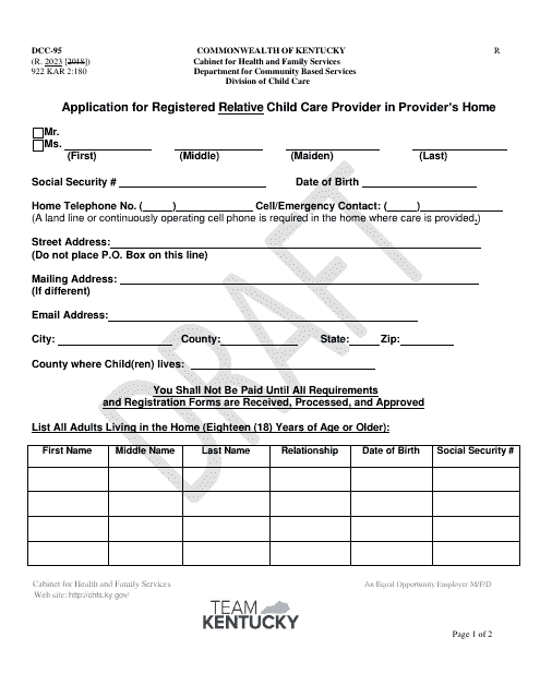 Form DCC-95 Application for Registered Relative Child Care Provider in Provider's Home - Kentucky