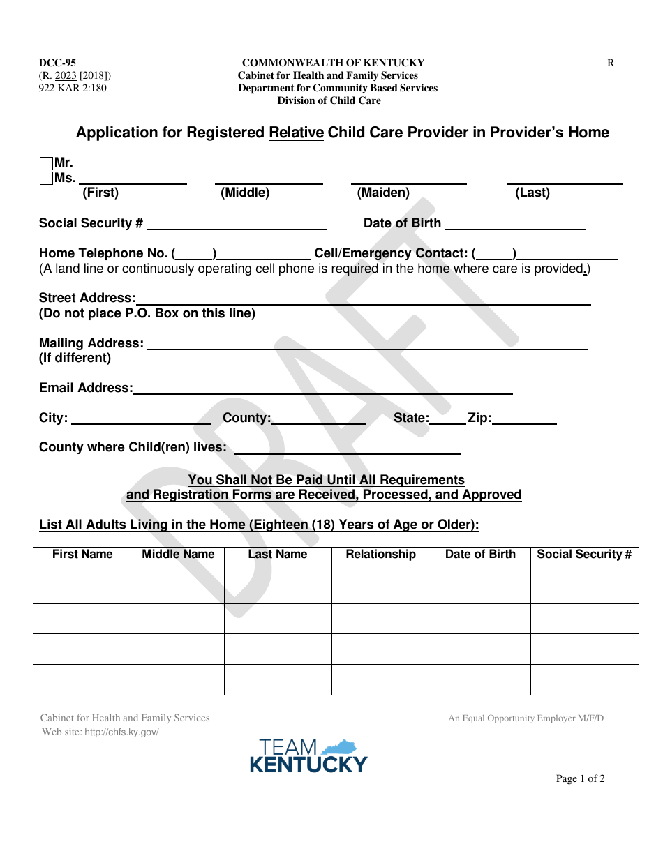 Form DCC-95 Application for Registered Relative Child Care Provider in Providers Home - Kentucky, Page 1