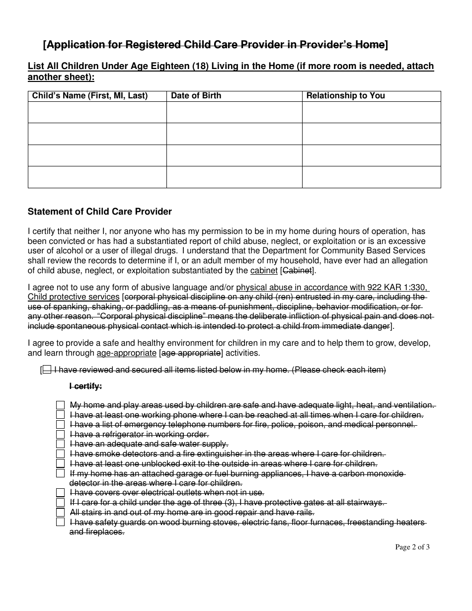 Form DCC-95 Application for Registered Relative Child Care Provider in Providers Home - Kentucky, Page 2