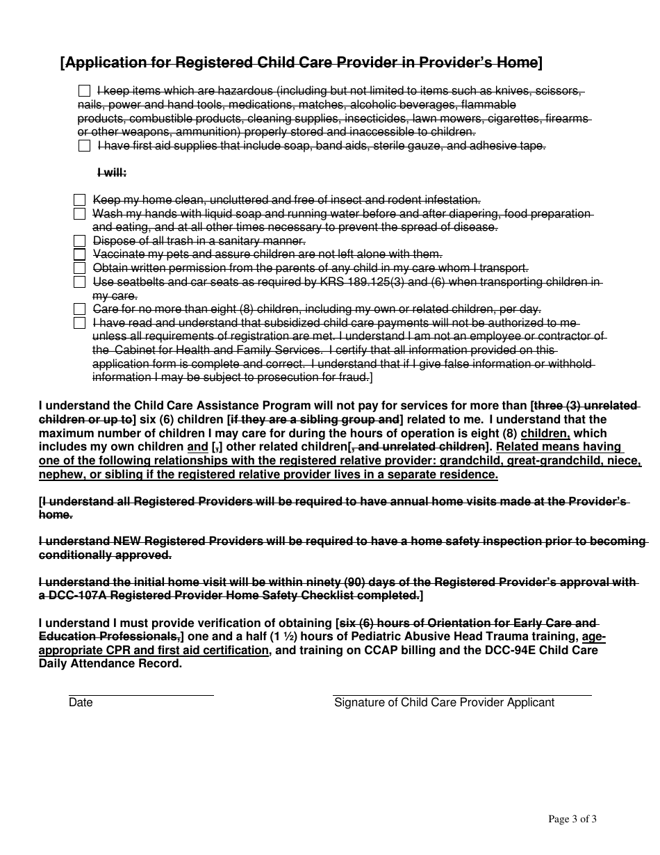 Form DCC-95 Application for Registered Relative Child Care Provider in Providers Home - Kentucky, Page 3