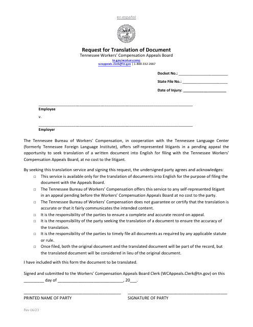 Request for Translation of Document - Tennessee Download Pdf