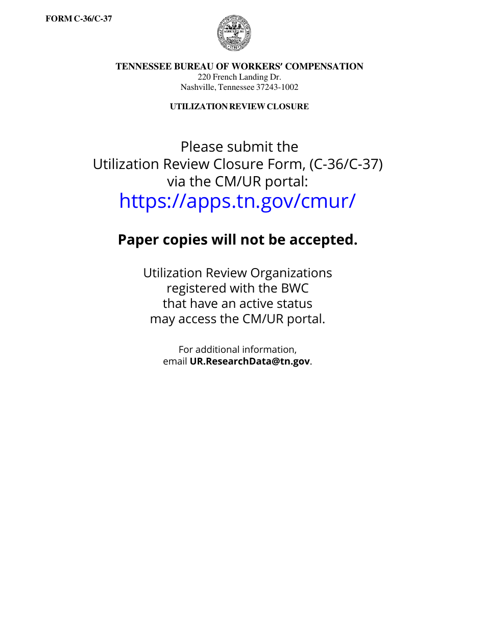 Form C-36 (C-37; LB-0375) Utilization Review Closure - Tennessee, Page 1