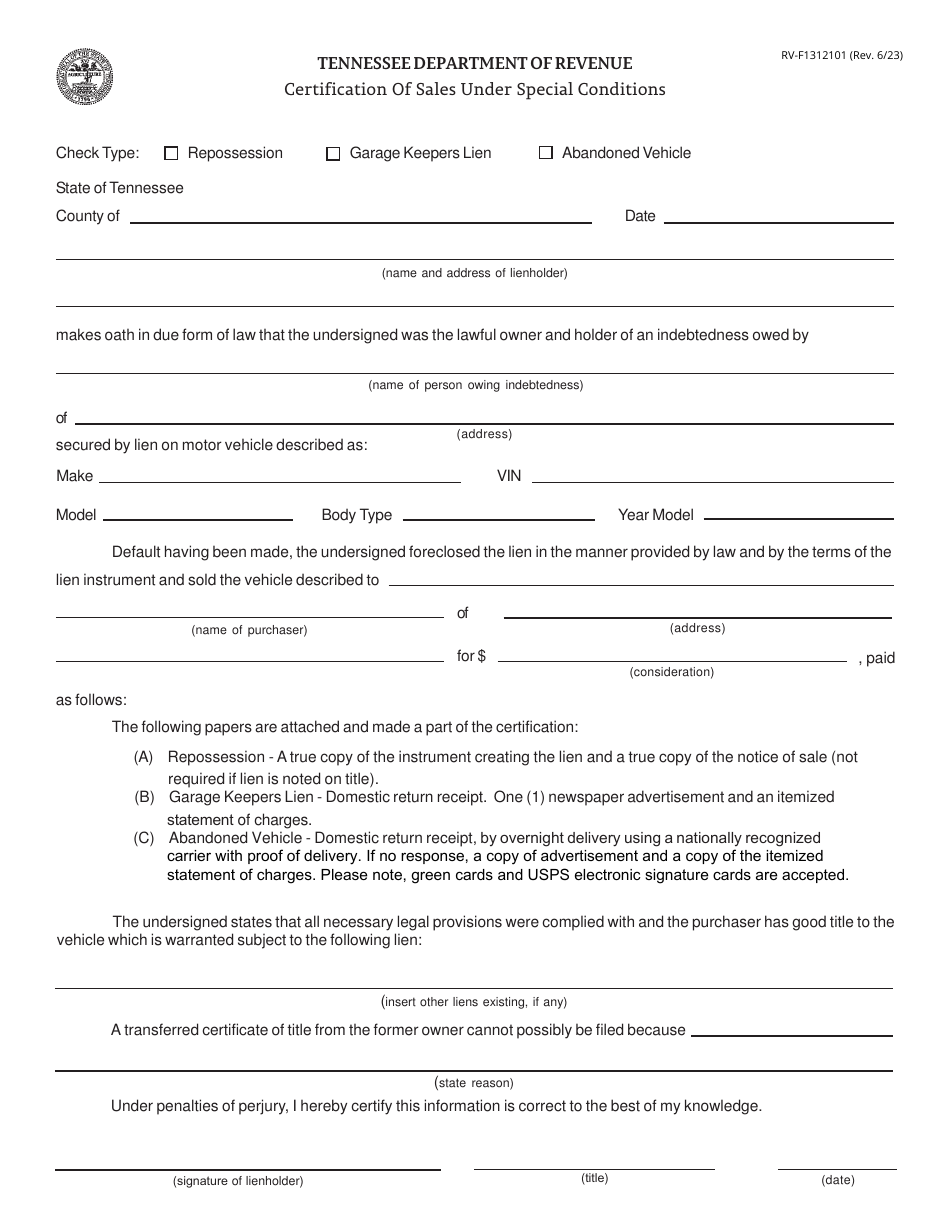 Form RV-F1312101 Certification of Sales Under Special Conditions - Tennessee, Page 1